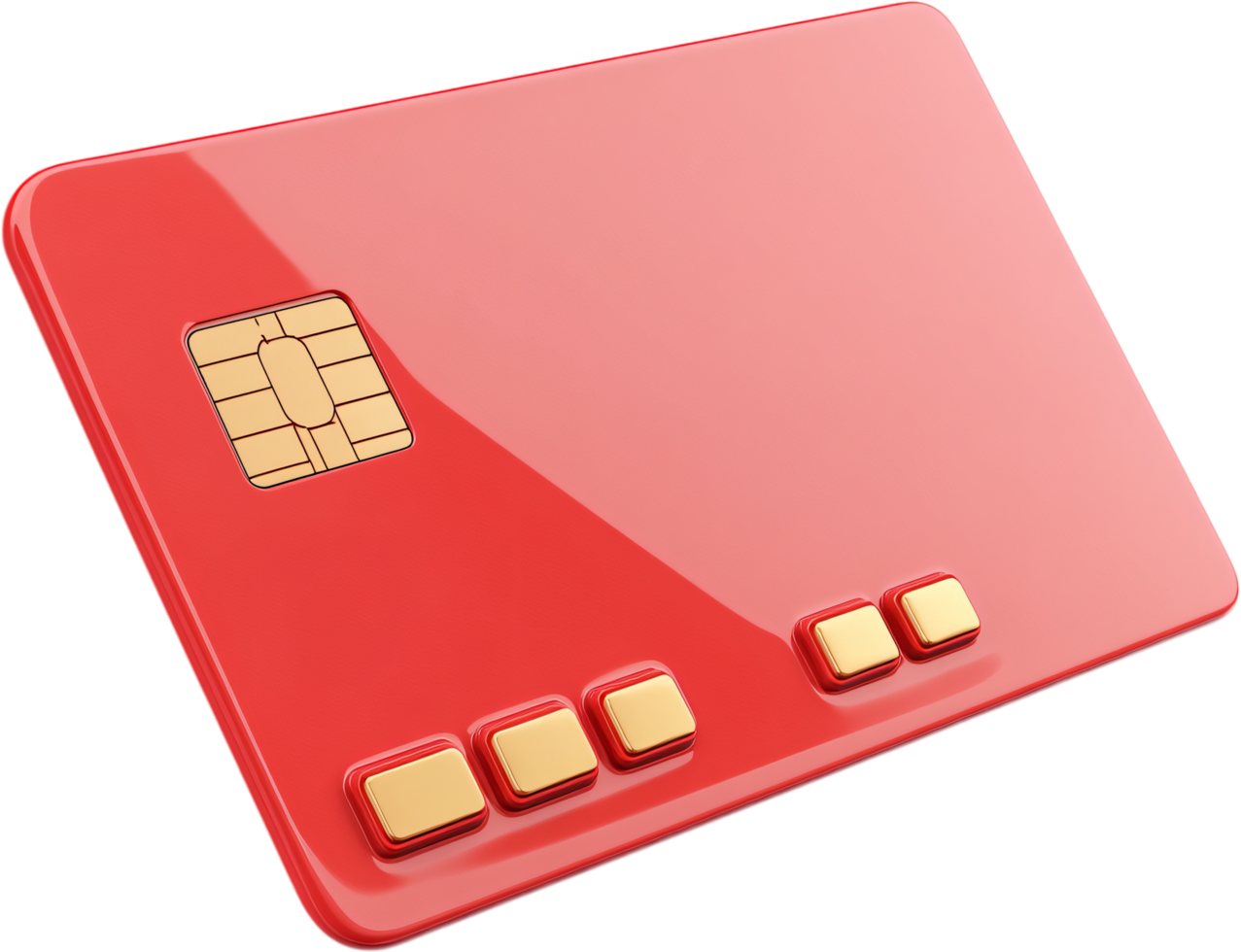 A shiny red card with a gold chip and buttons, isolated against a black background, perfect for finance or technology illustrations. png