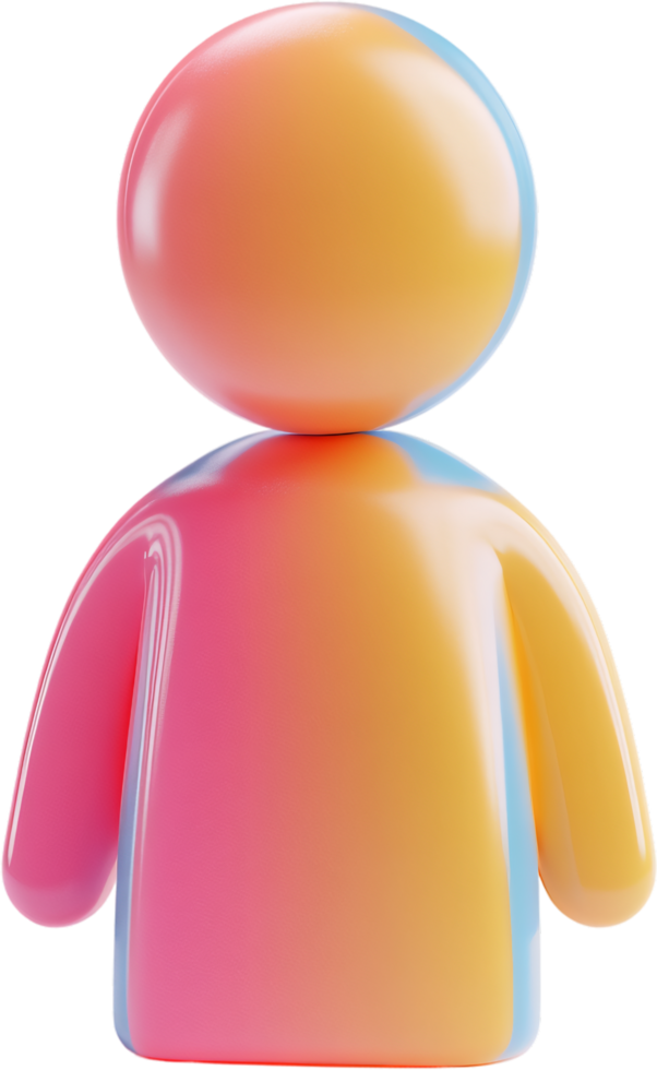 Colorful, minimalist 3D figure with a sphere head and rounded body, showcasing a vibrant gradient from pink to yellow and blue. png