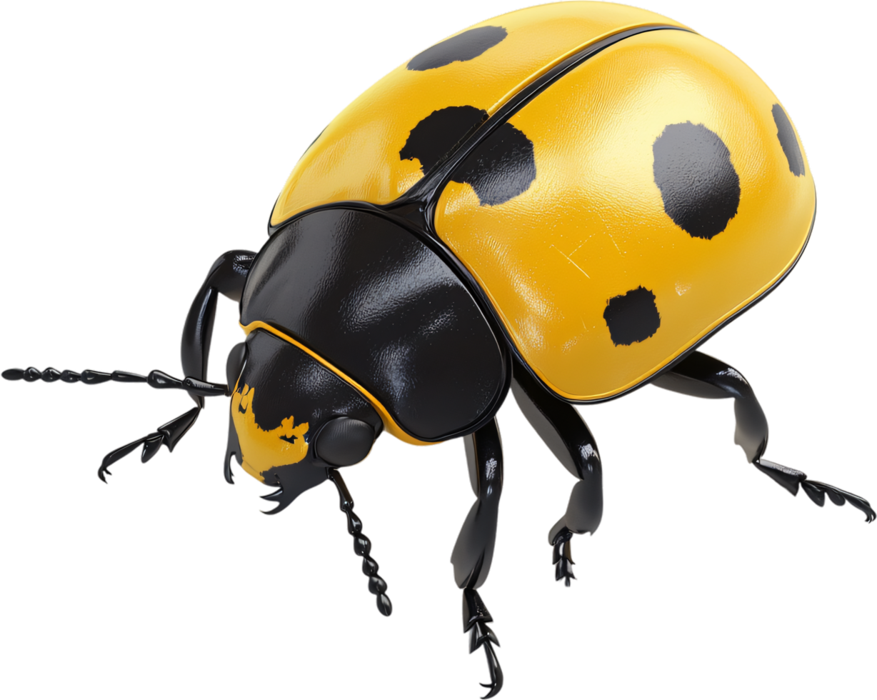 A ladybug with a striking yellow shell and black spots, standing out against a stark black backdrop. A vivid display of nature. png
