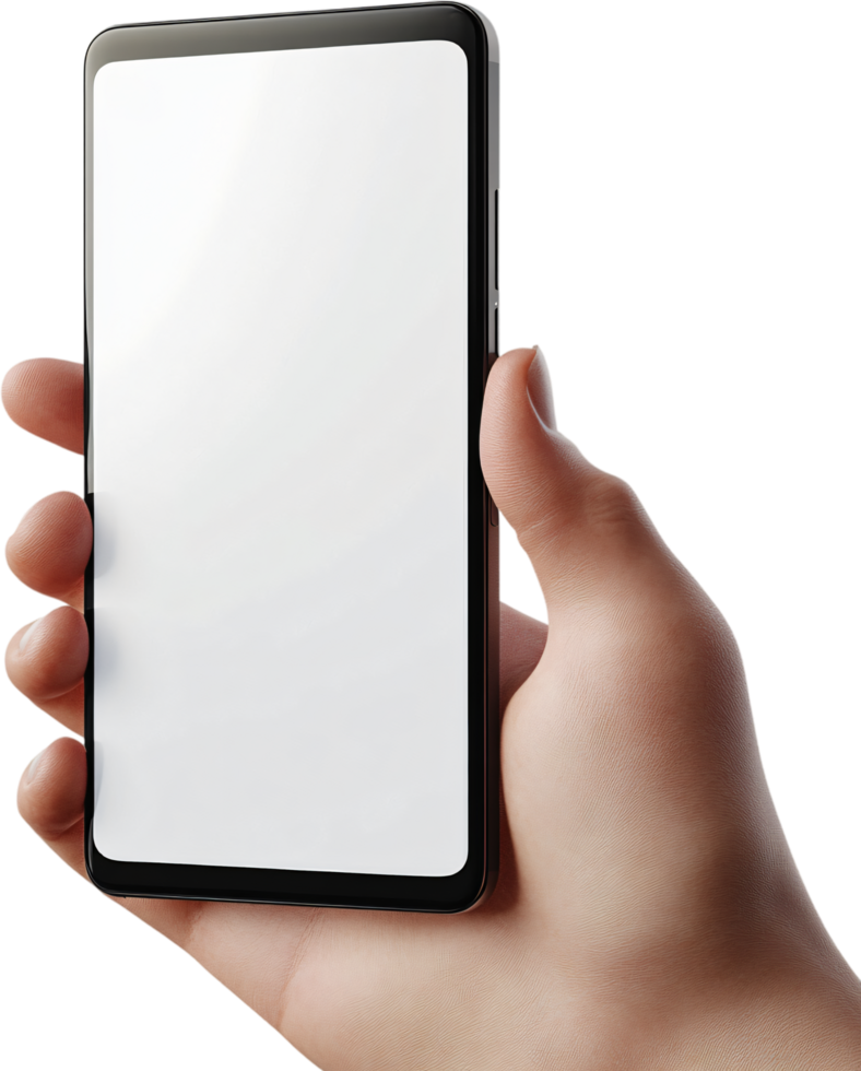 Smartphone held in hand with blank white screen. Modern mobile device for communication and entertainment, isolated on a black background. png