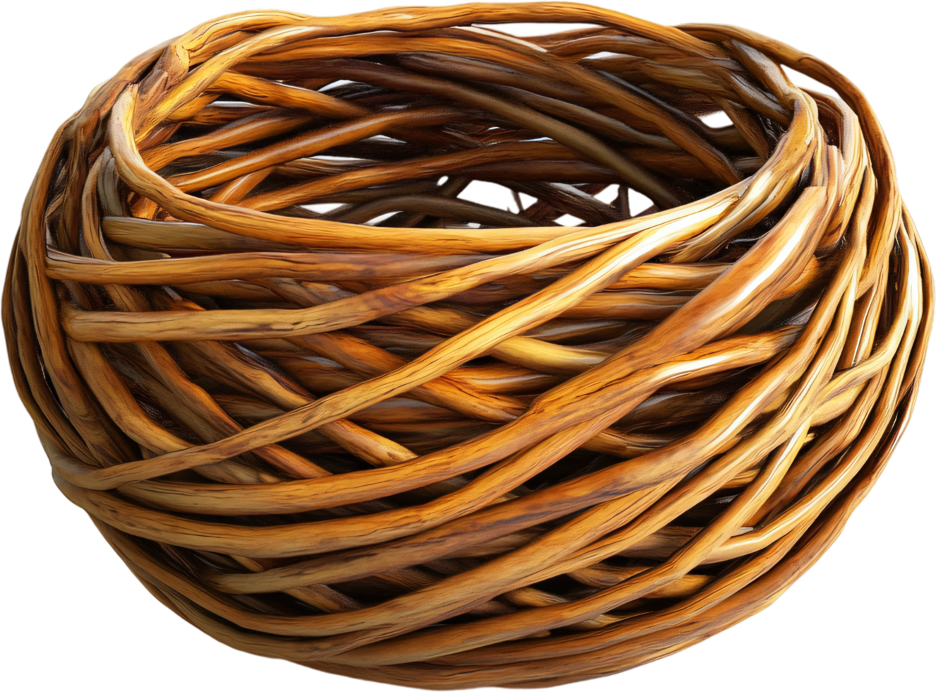 Intricate natural basket woven with vines, showcasing warmth and craftsmanship. Perfect for rustic decor or a textured design element. png