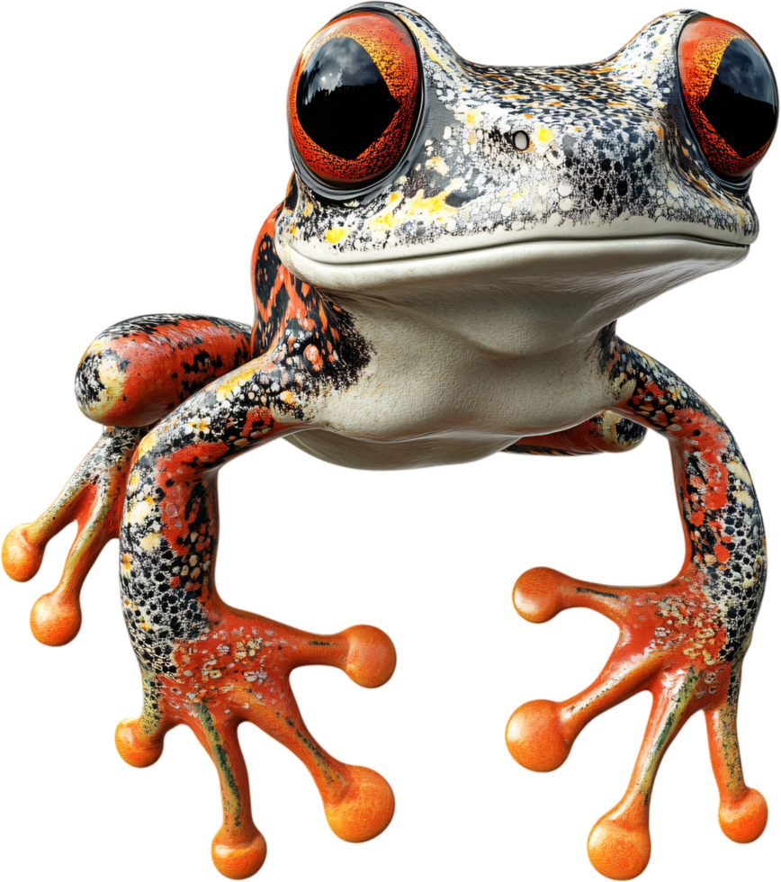 Captivating amphibian portrait, A colorful frog leaps into view, showcasing intricate patterns and vibrant hues against a sleek backdrop. png