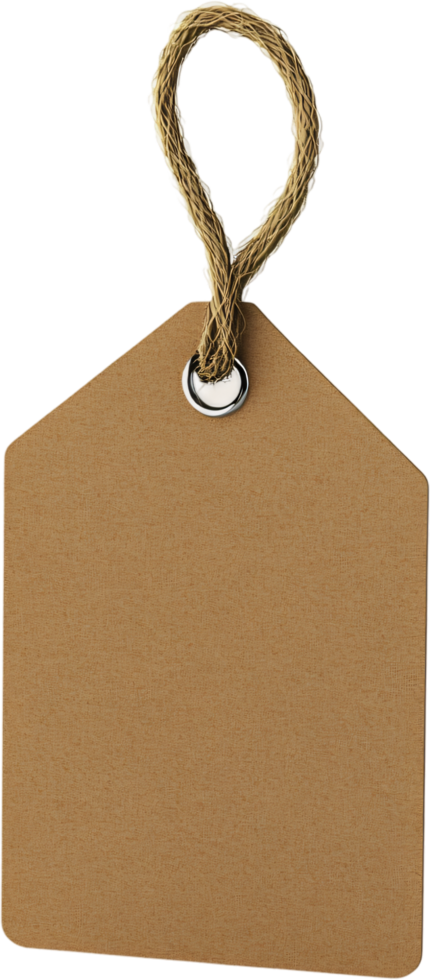 A simple kraft paper tag with a natural rope, ideal for labeling gifts or craft projects, isolated on black, perfect for ecommerce png