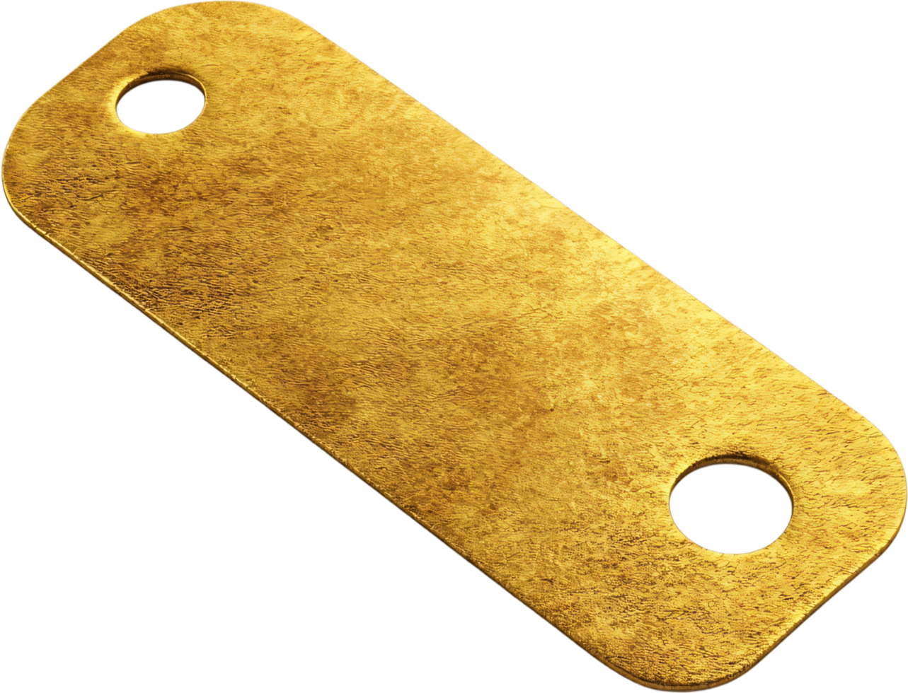 Golden metal plate with two circular holes, angled on a black background. Simple design, likely for construction or manufacturing. png
