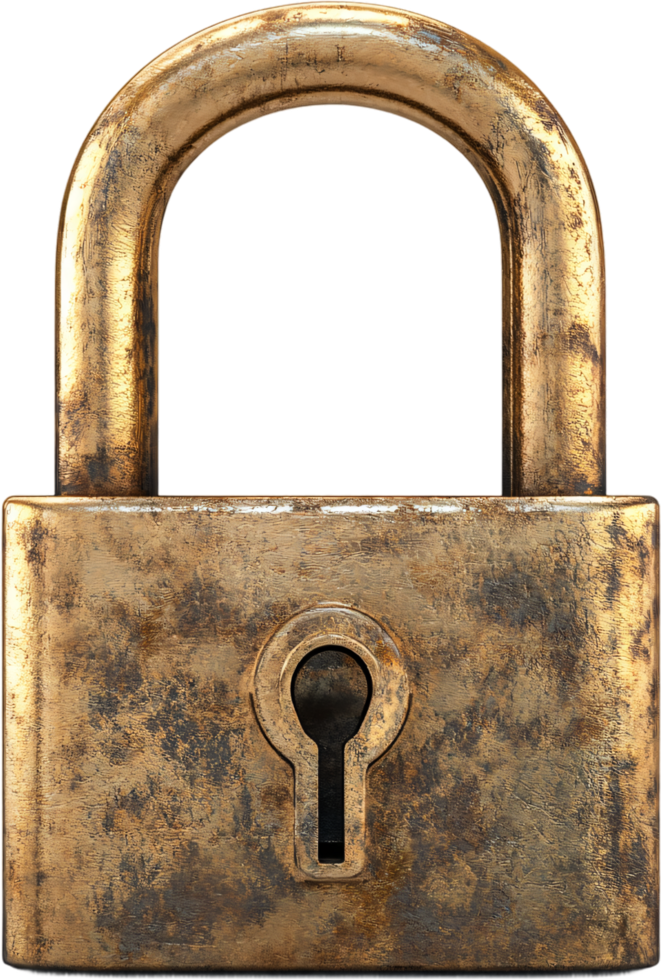 An old padlock shows its age with its weathered bronze finish and traditional keyhole, evoking feelings of security, history, and strength. png