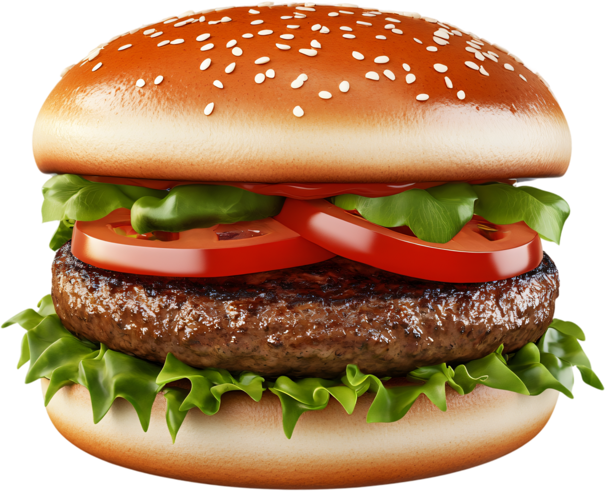 A sesame seed bun sits atop a juicy burger, complete with crisp lettuce and ripe tomato slices. A culinary delight for all burger lovers png