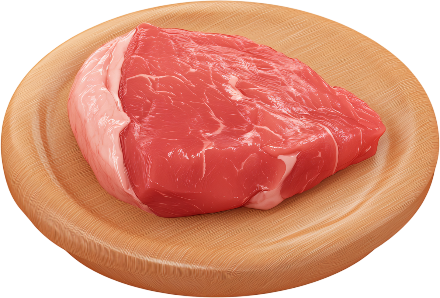 Raw steak cut with fat, isolated on light brown wooden plate. Piece of uncooked red meat ready for cooking at home or in a restaurant. png