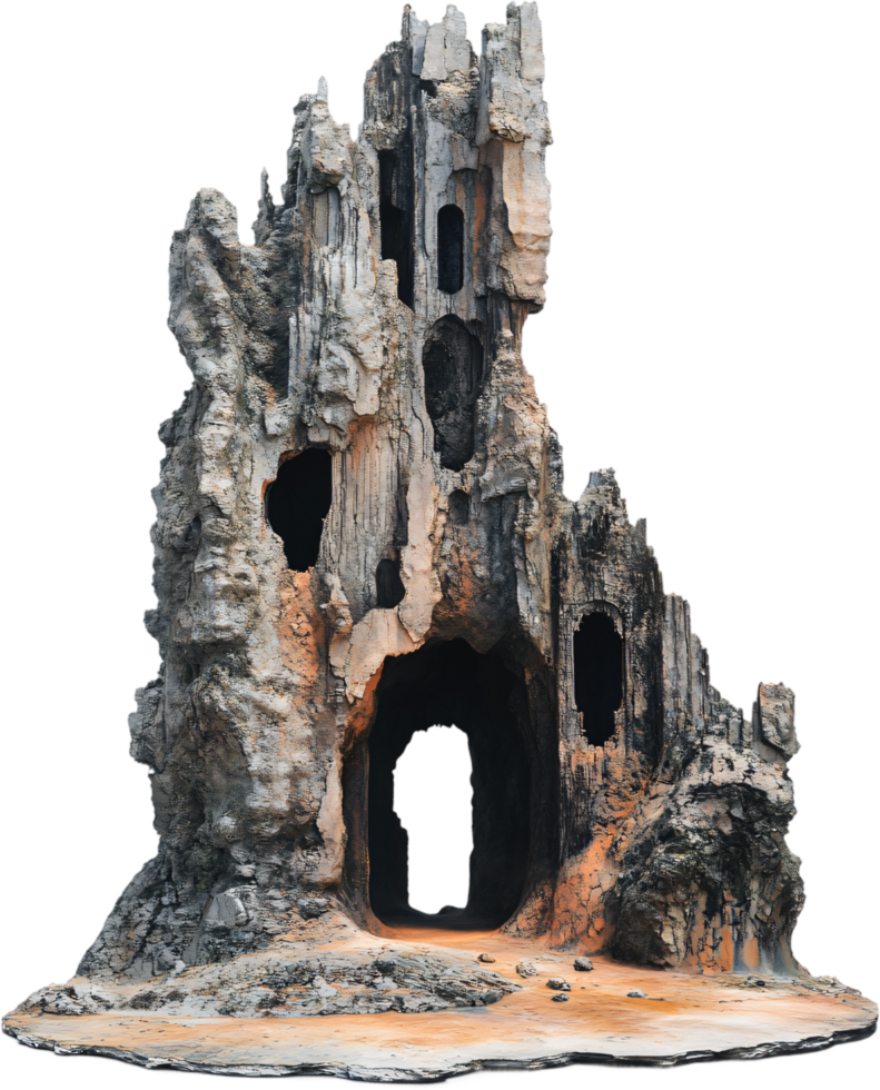 A weathered rock formation with cave openings, showcasing erosion and geological time. The isolated structure displays natural textures. png