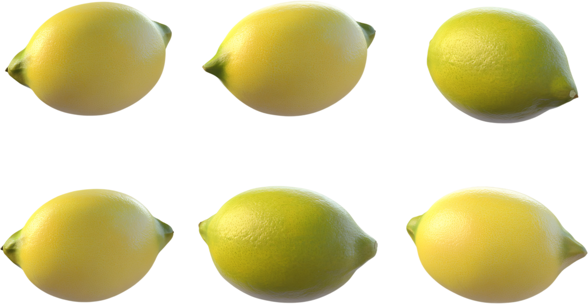 Six fresh lemons displayed against a stark black background, showcasing their vibrant yellow hues and citrusy appeal. Food photography. png