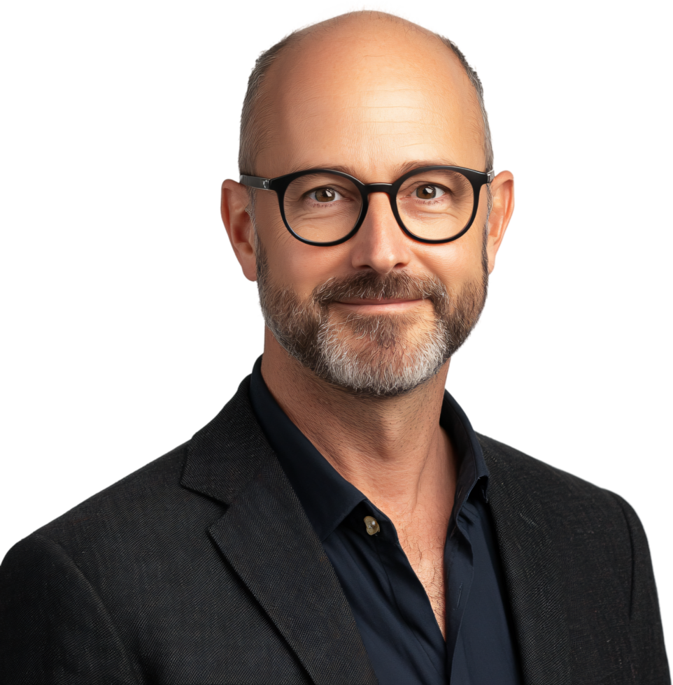 Portrait of a confident man with glasses. He's wearing a stylish blazer and a dark shirt, against a dark background. png