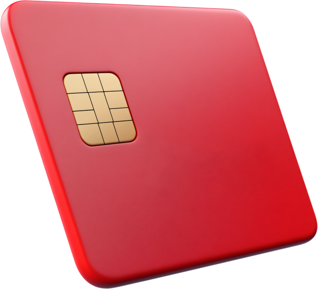 Red SIM card for mobile devices, close-up. The small gold-colored chip is visible, against a black background. Connection and communication. png
