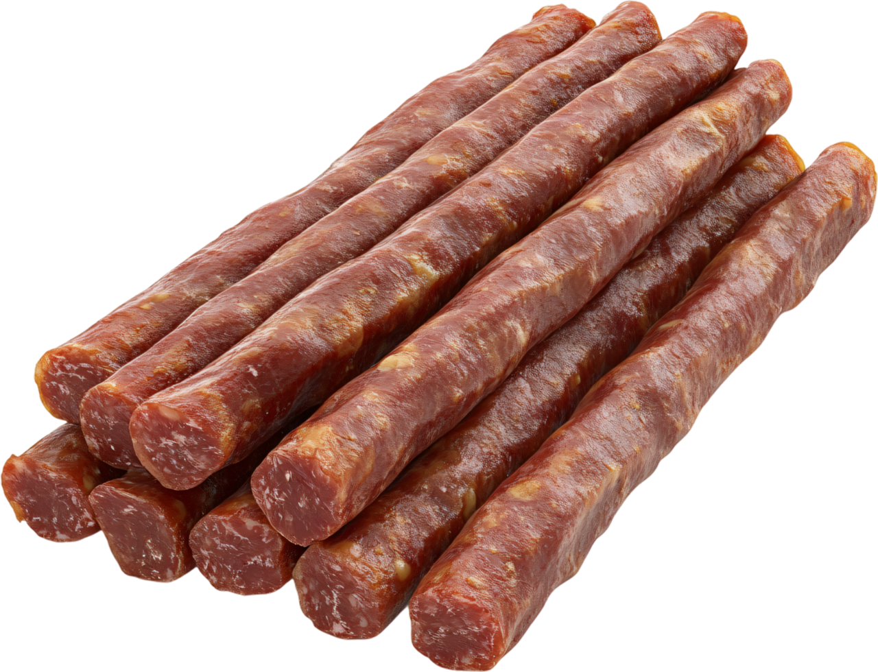 Pile of Fuet sticks. Fuet is a dry cured pork sausage. Spanish cuisine specialty. Delicious flavor with spices. Perfect for appetizers. png