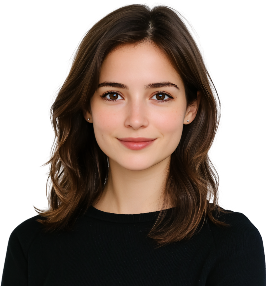 Charming brunette with a warm smile and elegant features, radiating natural beauty against a stark black background. Friendly and approachable. png