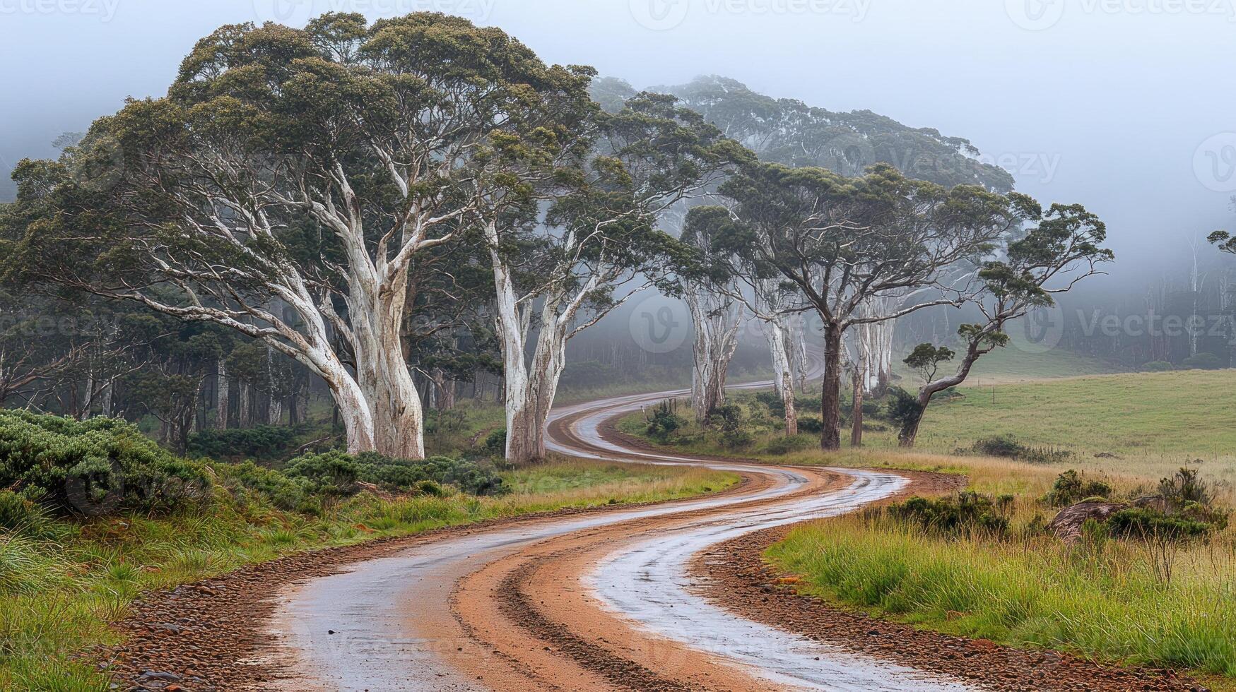 A winding dirt road through a misty forest of eucalyptus trees. photo