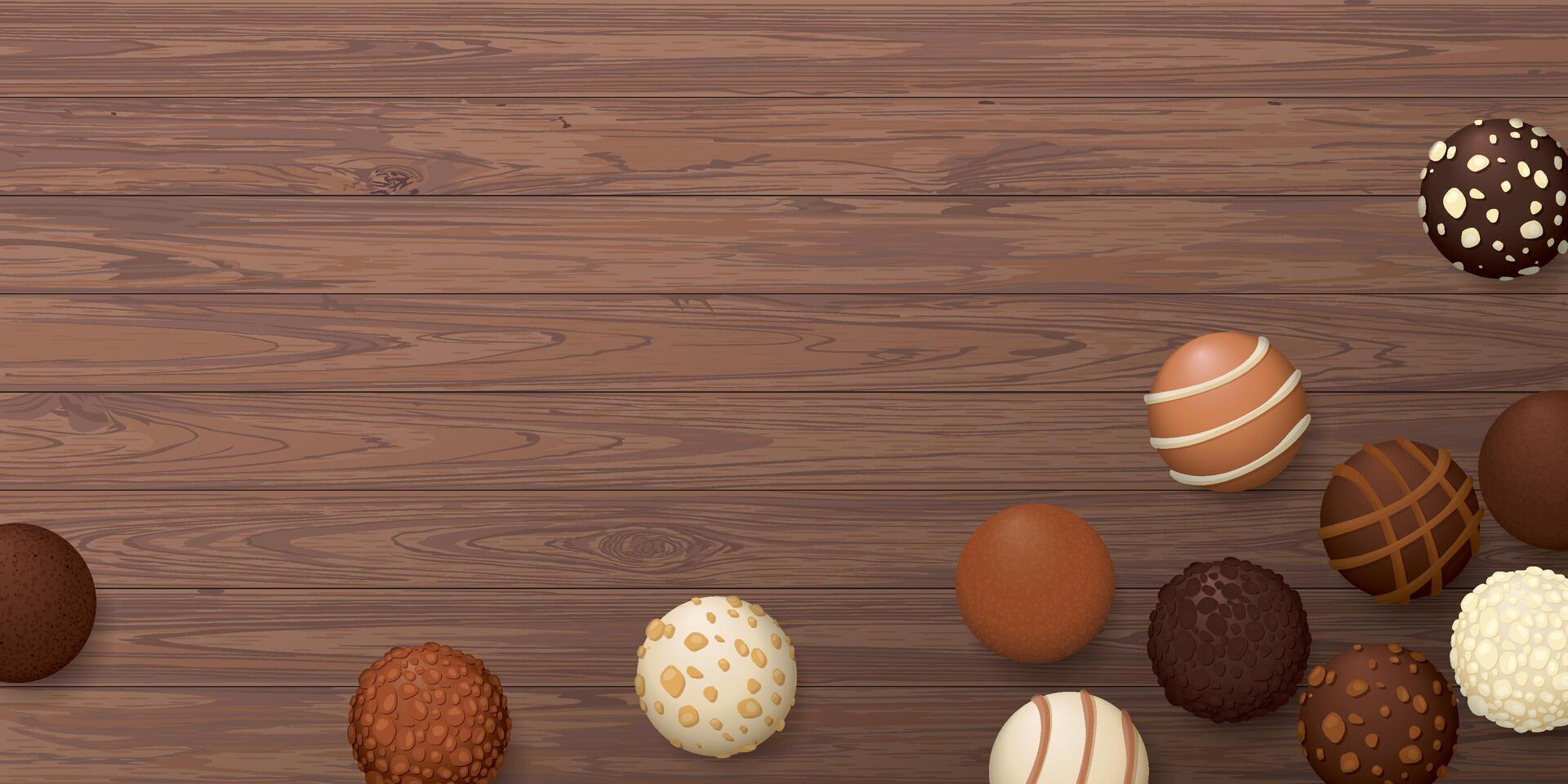 Various chocolate balls top view on wooden background graphic illustration have blank space. vector