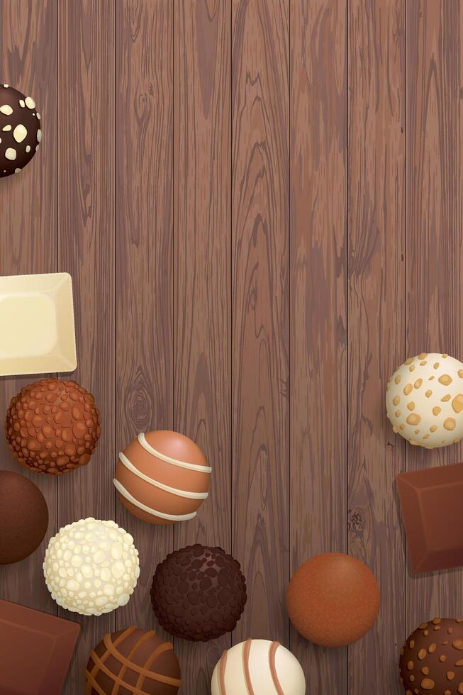 Various chocolate balls and chocolate bar top view on wooden vertical background graphic illustration have blank space. vector