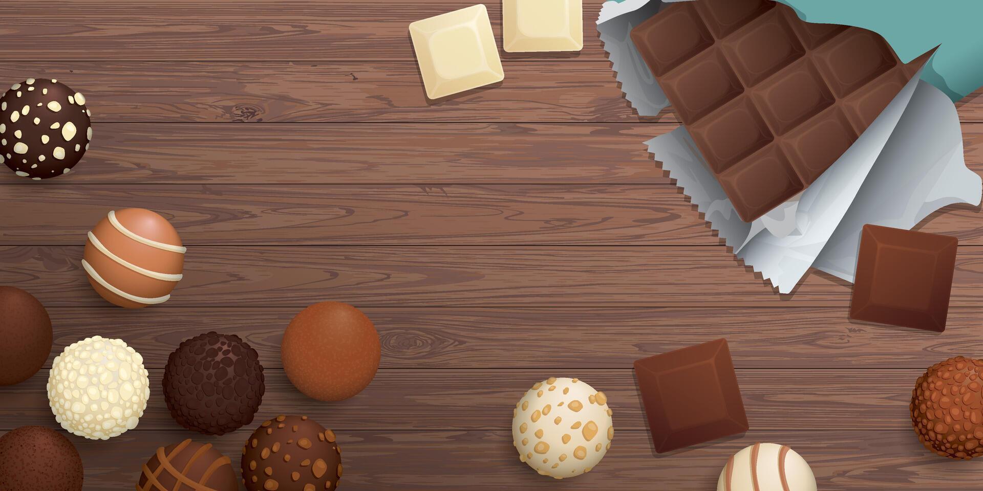 Various chocolate balls and chocolate bar top view on wooden background graphic illustration have blank space. vector