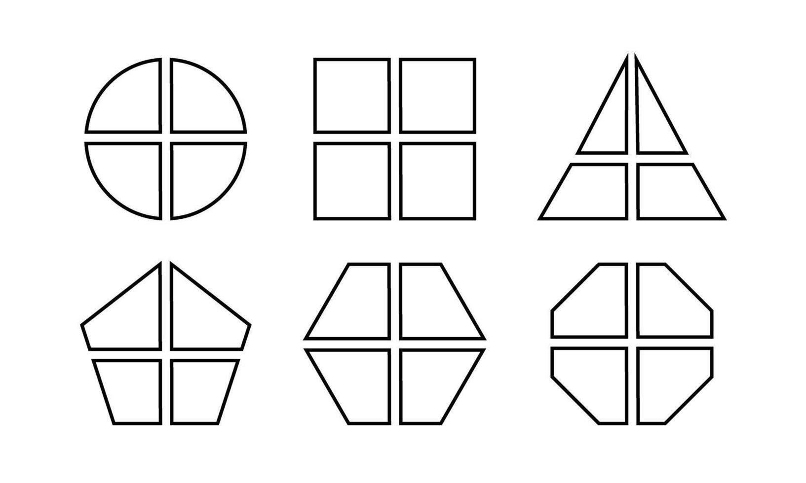 Set of geometric round, square and triangle, pentagon, hexagon and octagon shapes divided into 4 equal sectors. Simple diagrams, business charts segmented on four parts. graphic illustration vector