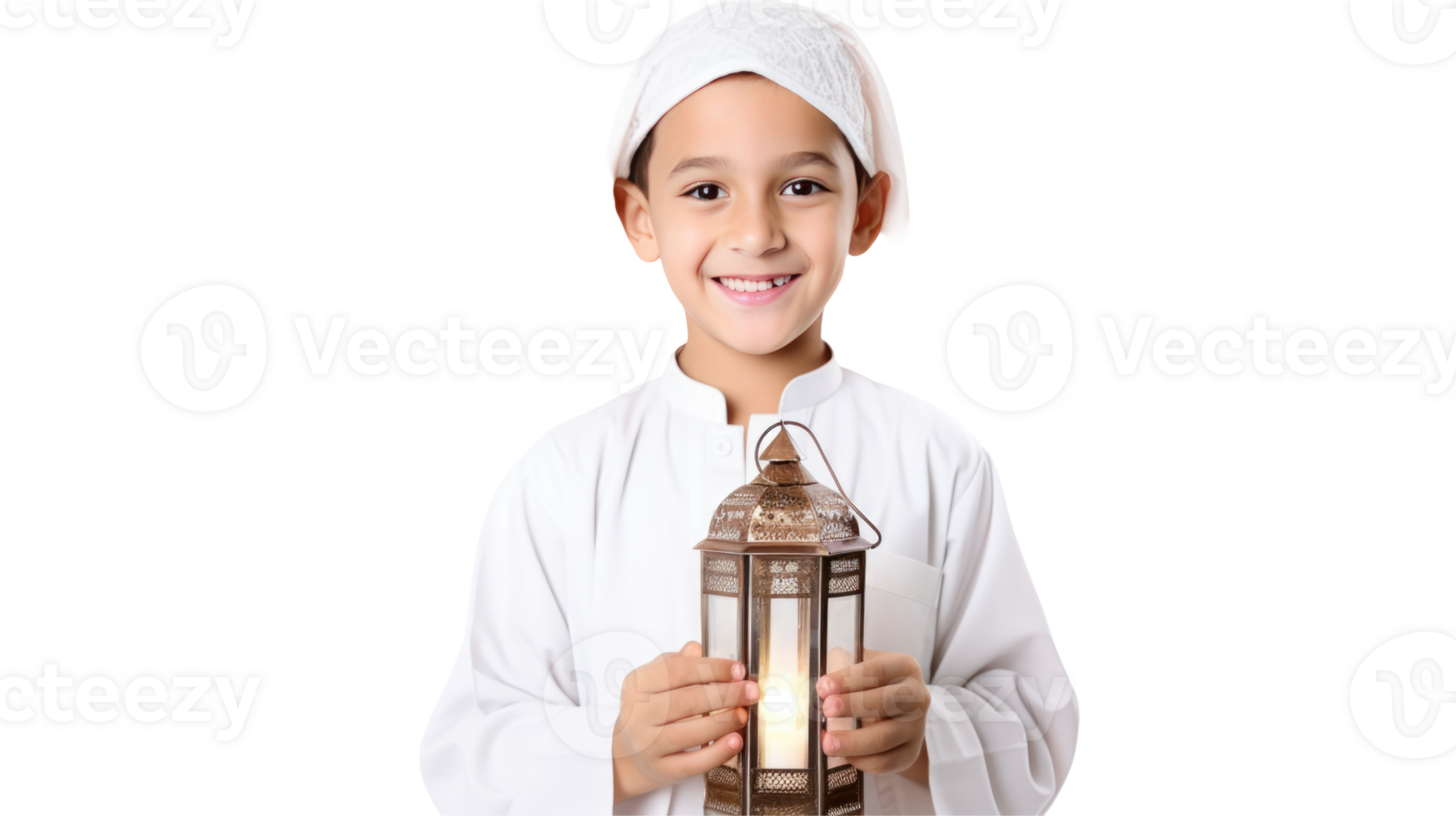 Portrait of Adorable Muslim Little Boy in White Dress and Holding Lantern Isolated png