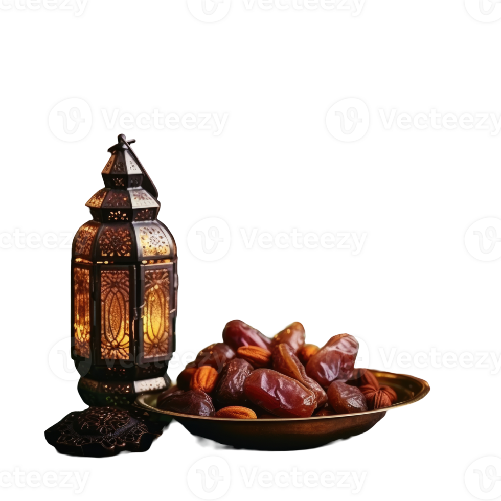 Isolated Glowing Arabic Lamp with a Plate full of Dates for Ramadan Mubarak . png