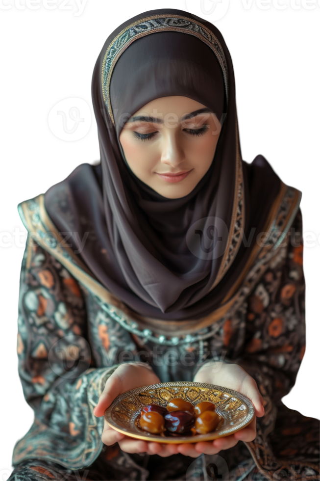 Closeup view of Muslim Woman Holding a Plate of Sweet Dates During Ramadan or Iftar Islamic Festival png