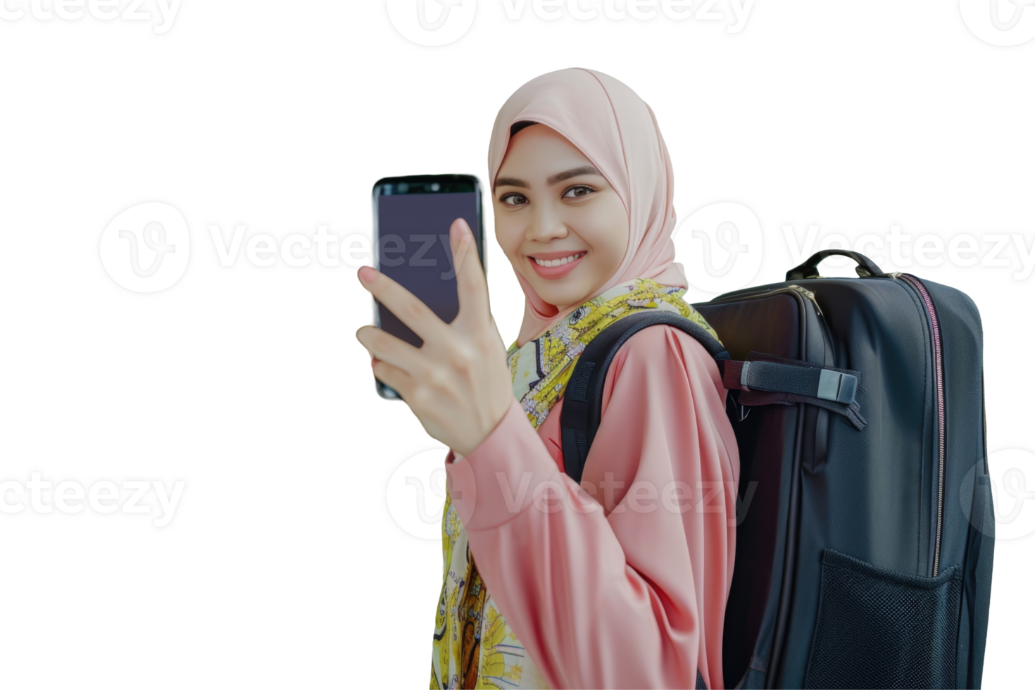 A woman in hijab holding a phone and a suitcase png