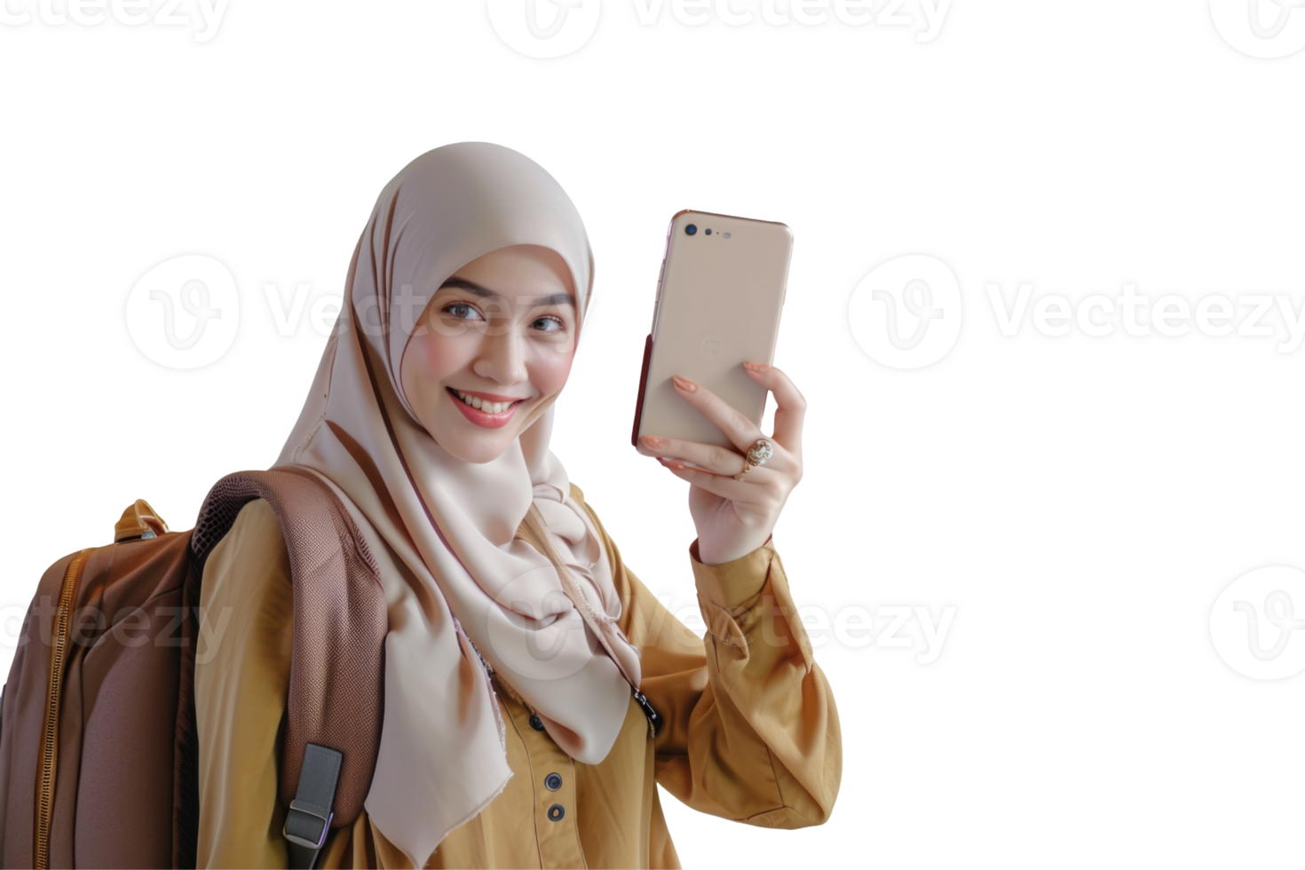 A woman in a hijab holding a cell phone png