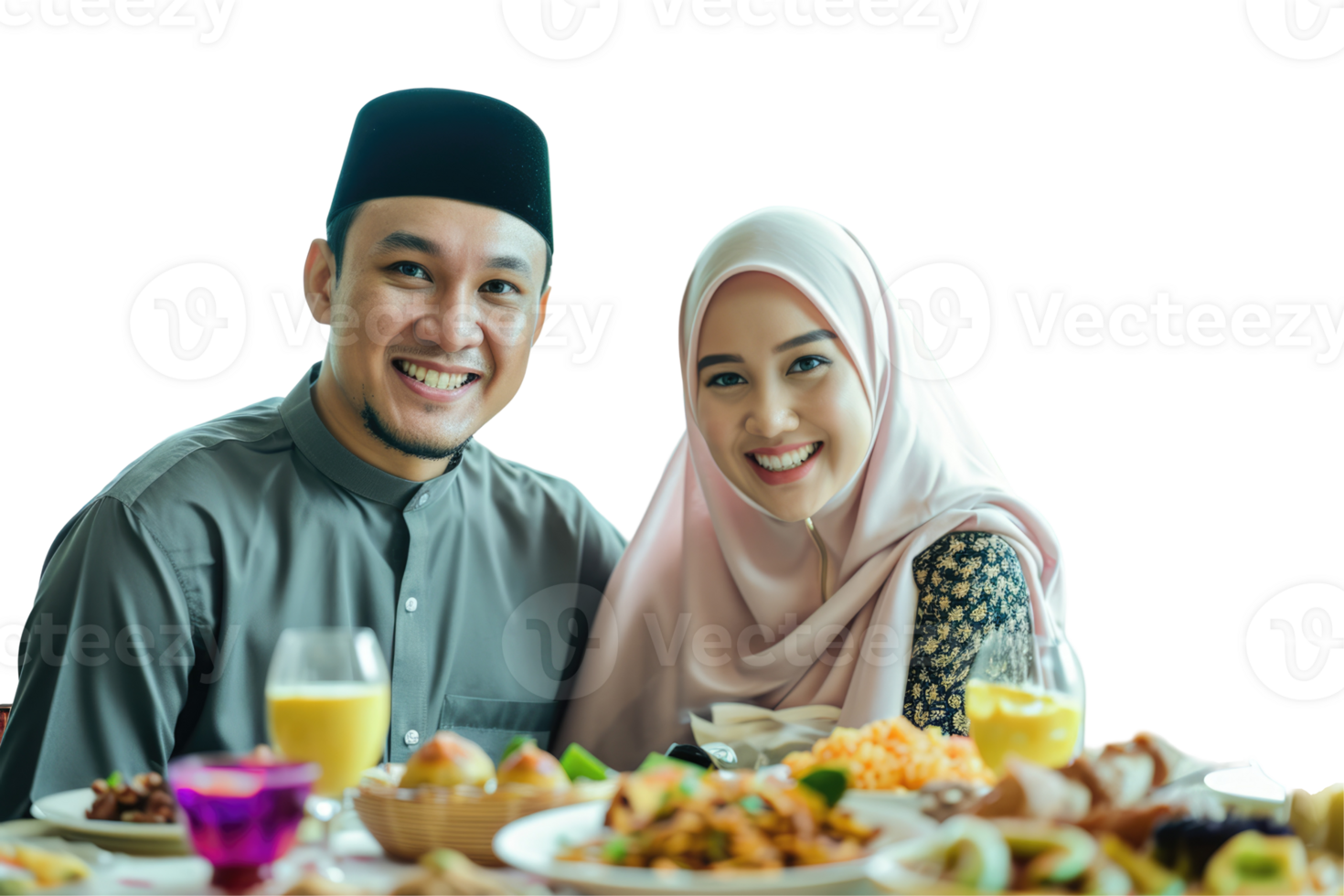 A couple posing for a photo at a table with food png