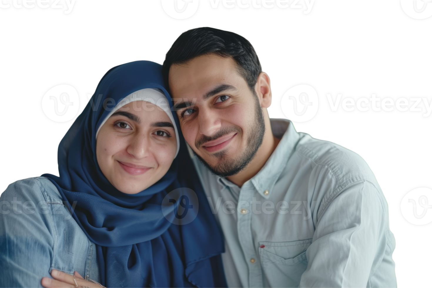 A young couple in blue hijab pose for the camera png