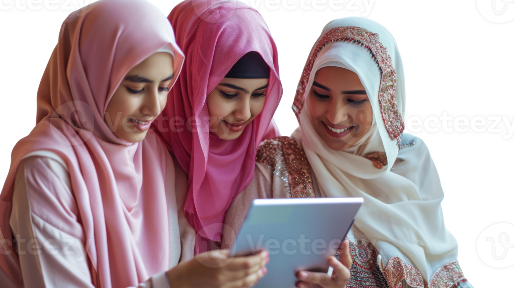 Three women in hijab are looking at a tablet png