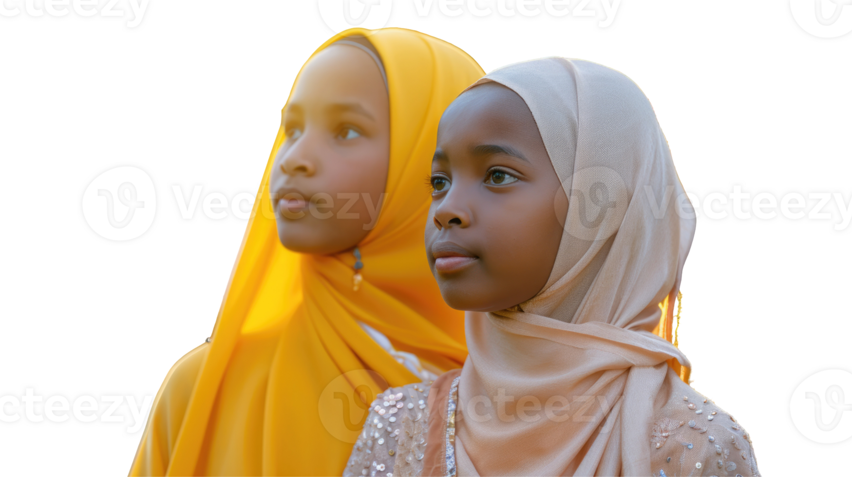 Two young girls wearing headscarves and yellow clothing png