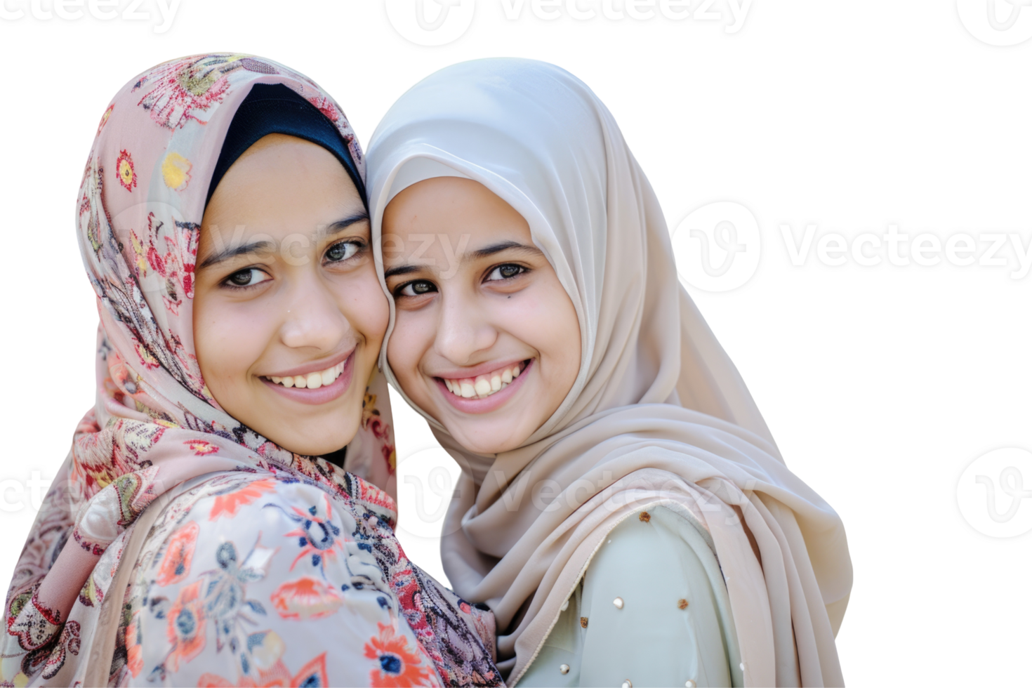 Two young women wearing headscarves are smiling png