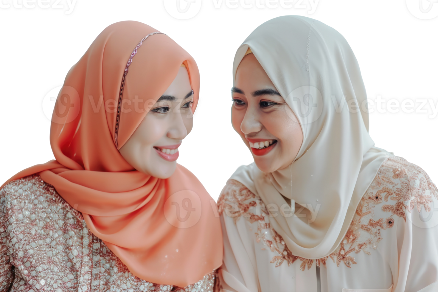 Two women wearing hijab smiling and looking at each other png
