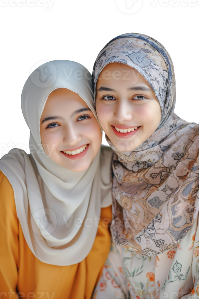Two women wearing hijab pose for the camera png