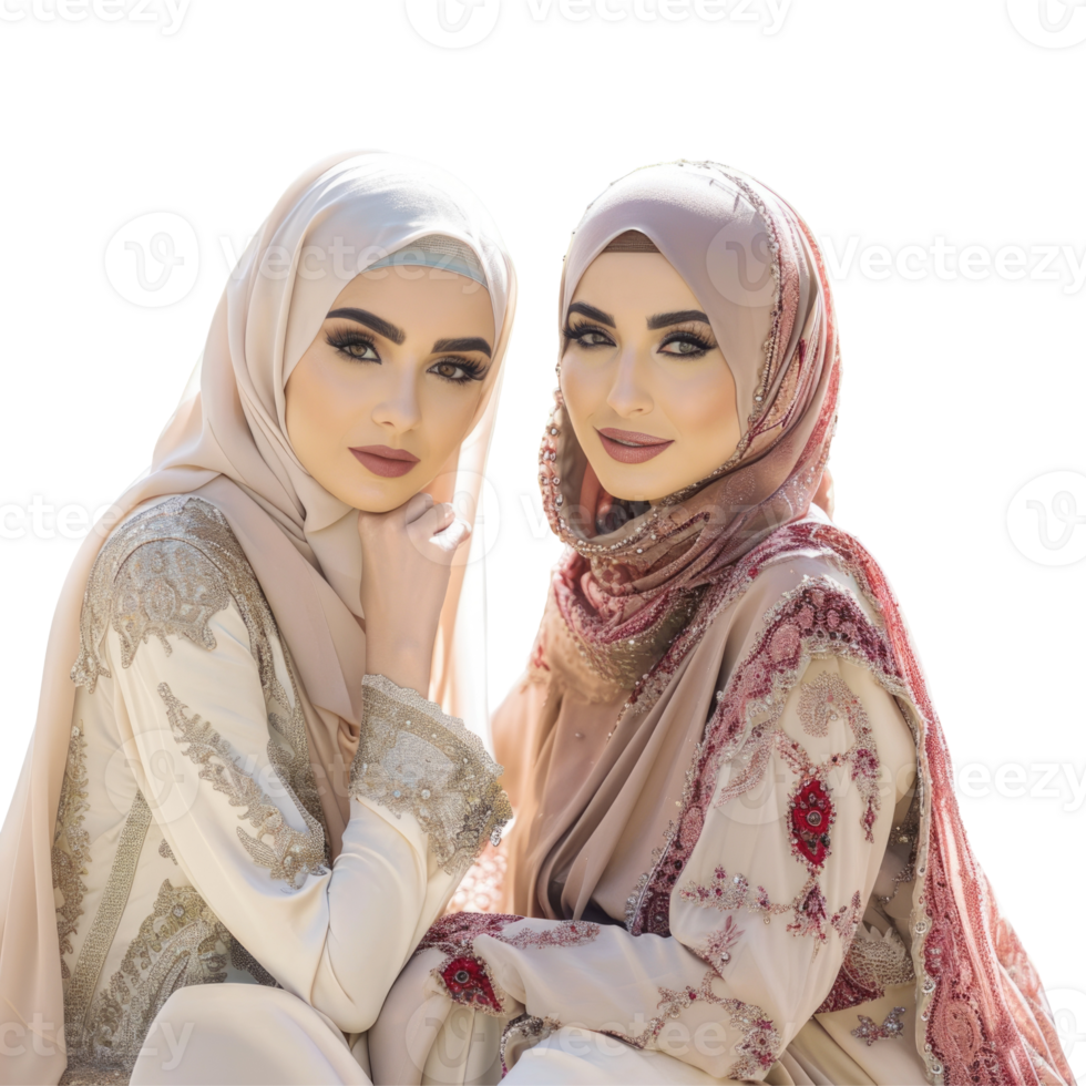 Two women in hijab sitting together png