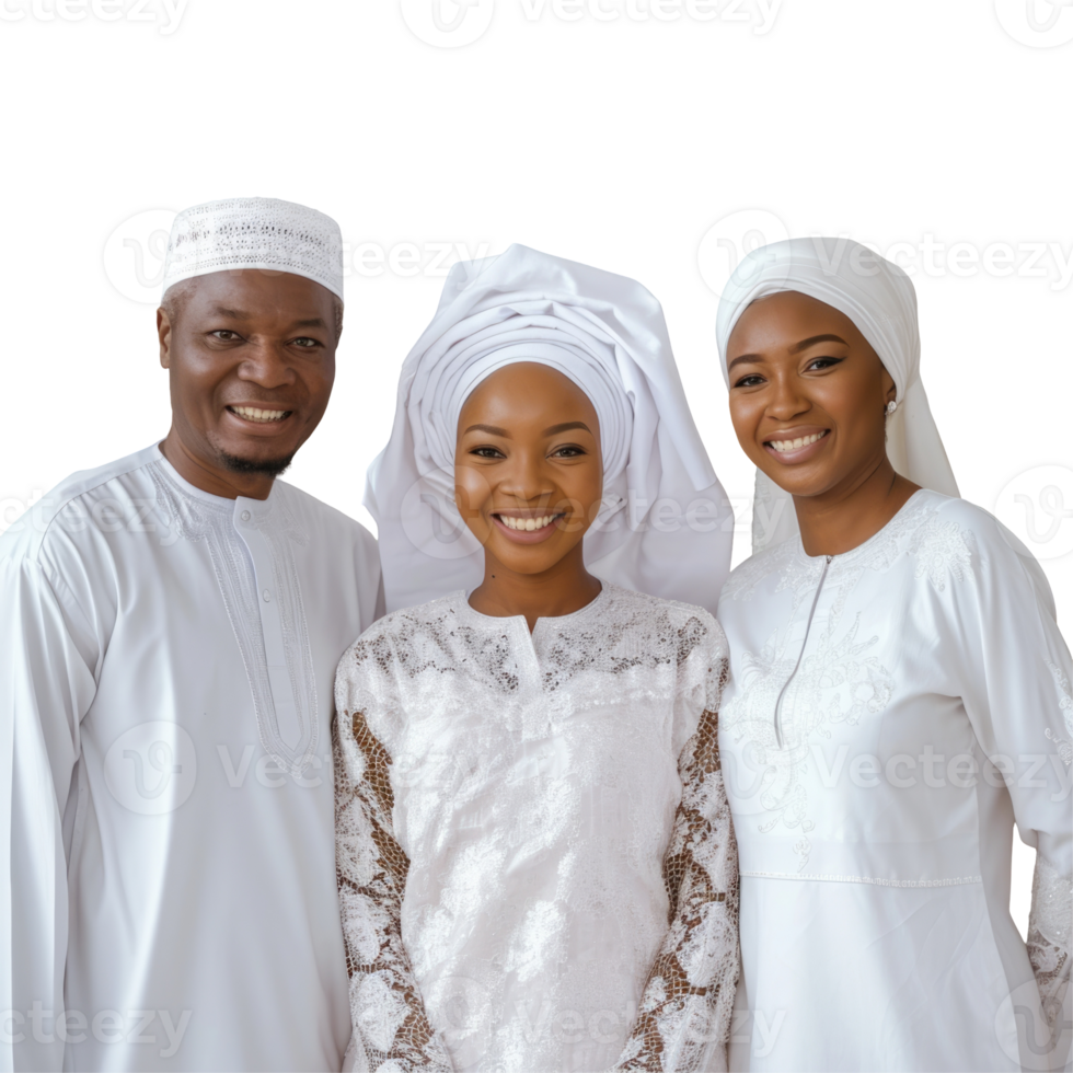 Three people in white clothing posing for a photo png