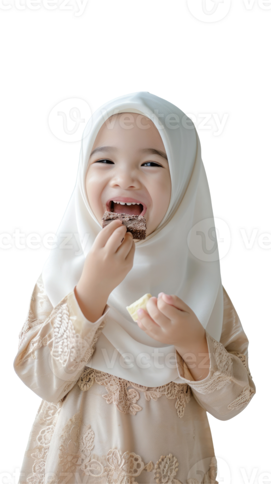 A little girl in a hijab eating a piece of chocolate png