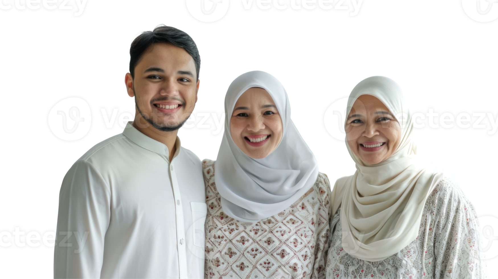 Three people in white clothing standing together png