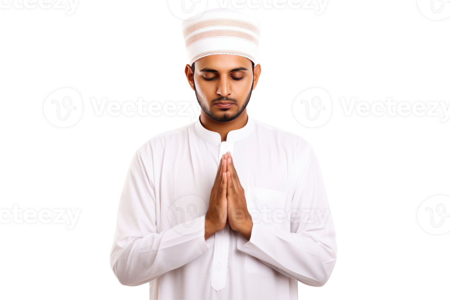 A muslim man in white clothes is praying png