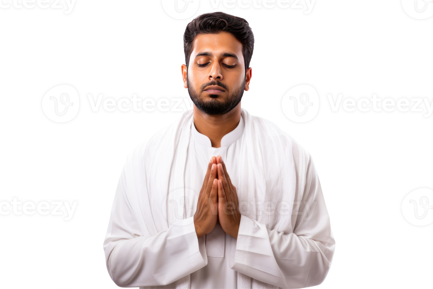 A man in white praying with his hands folded png