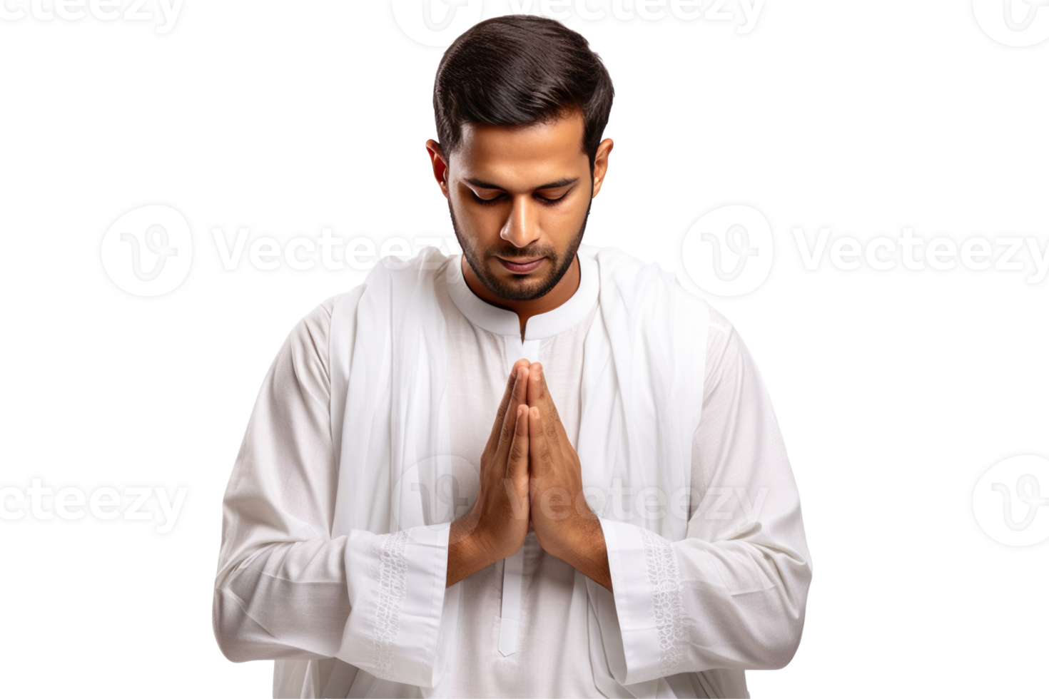 A man in white praying with his hands folded png