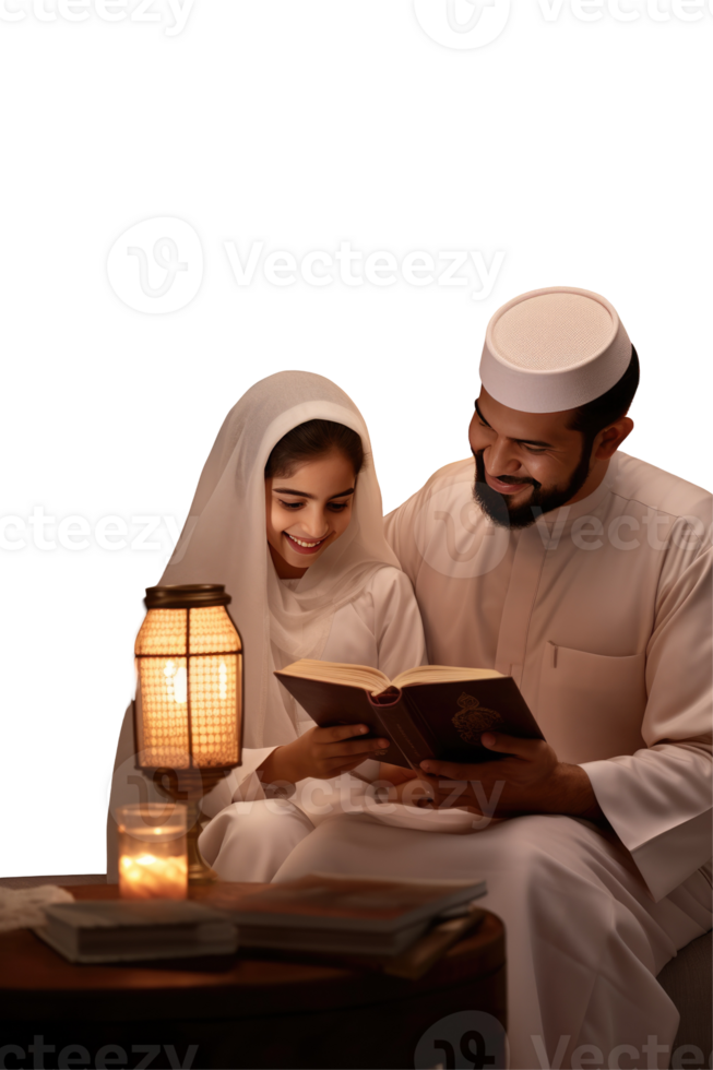 Happy Father's Day-Muslim Father Teaching his Daughter to Learn the Quran and Study Islam Isolated Photo . png