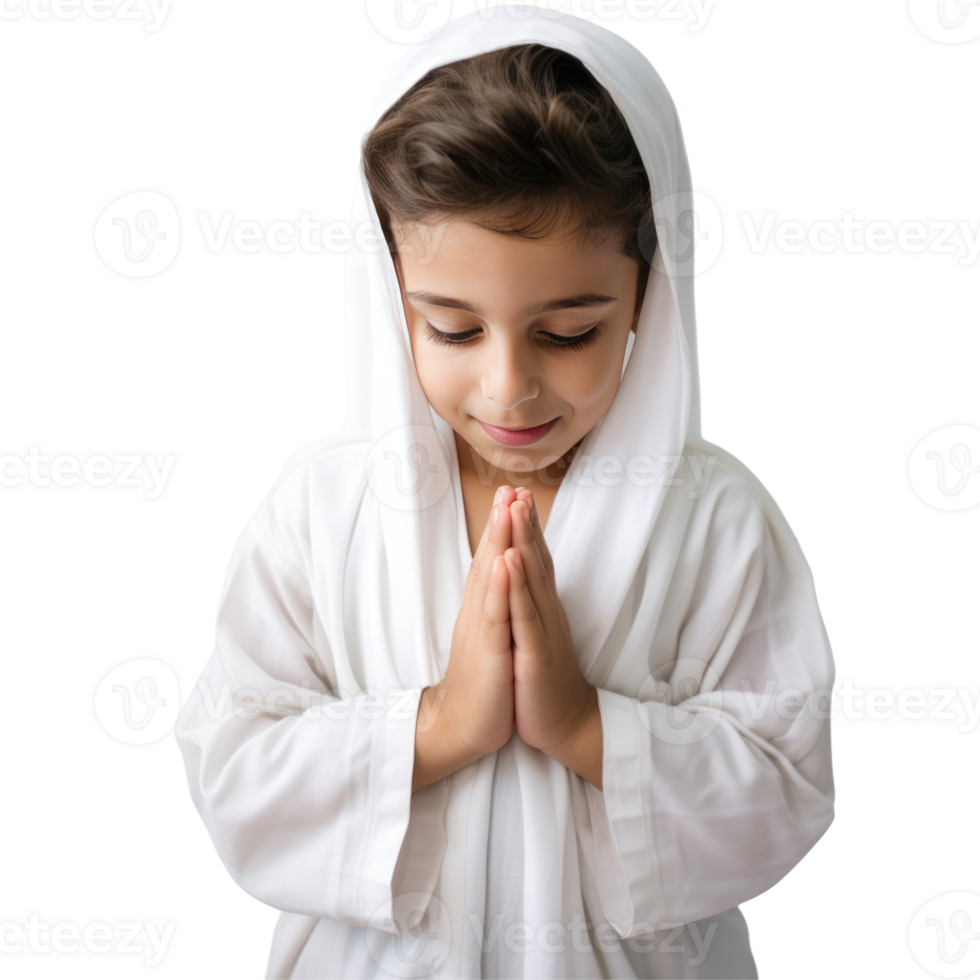 A little boy in a white robe is praying png