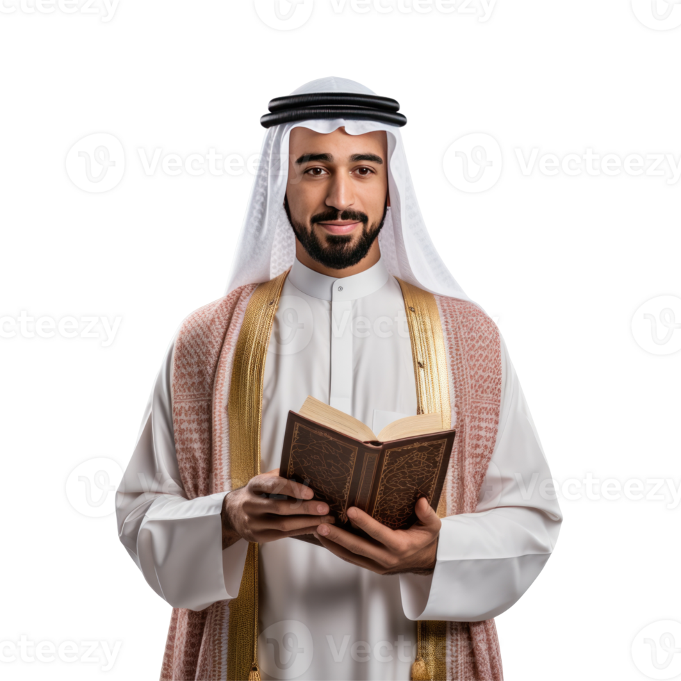Arabic man reading the holy book isolated on black background png