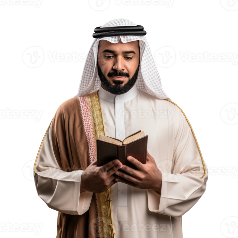 Arabic man reading the holy book isolated on black background png