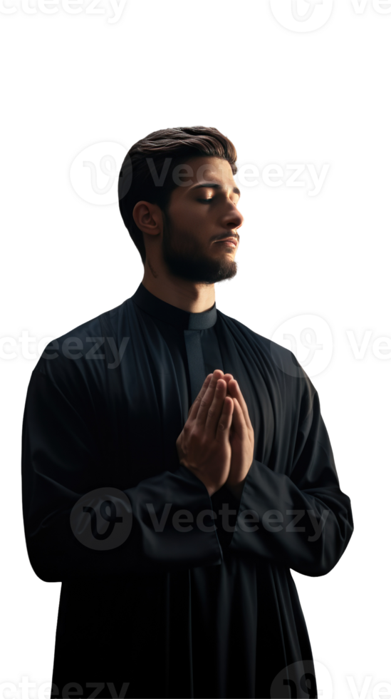 A man in black praying with his hands folded png