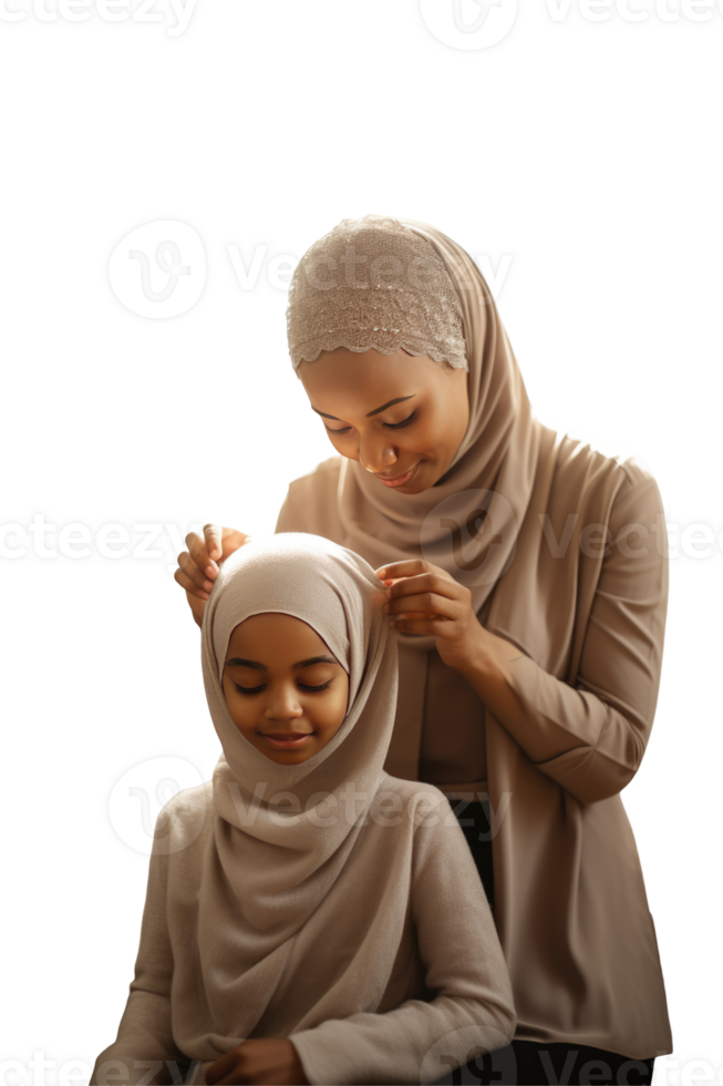 A woman is helping a young girl put on a hijab png