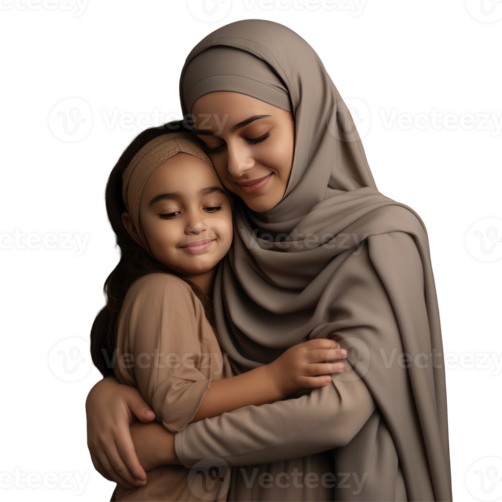 Muslim woman hugging her daughter on black background png