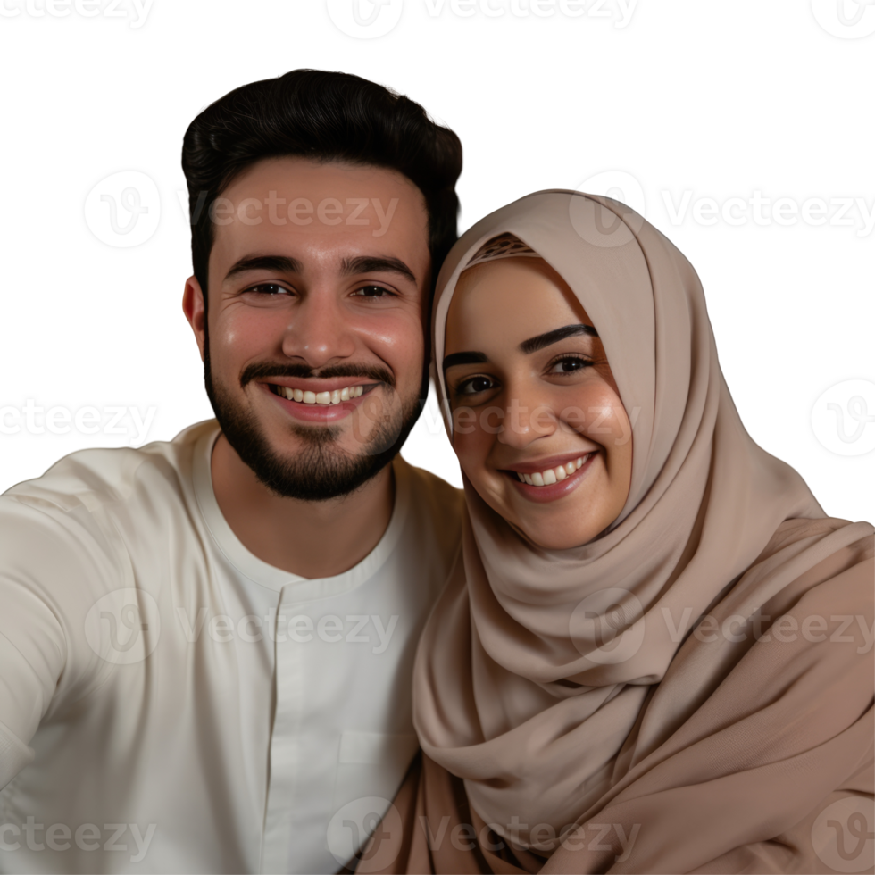 A young man and woman in a white hijab pose for a selfie png