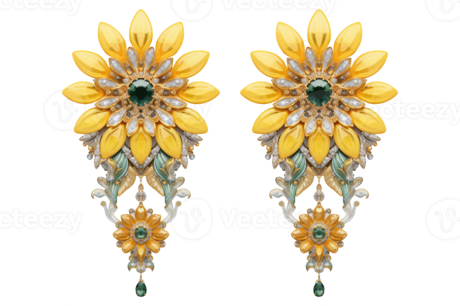 A pair of earrings with yellow flowers and green stones png